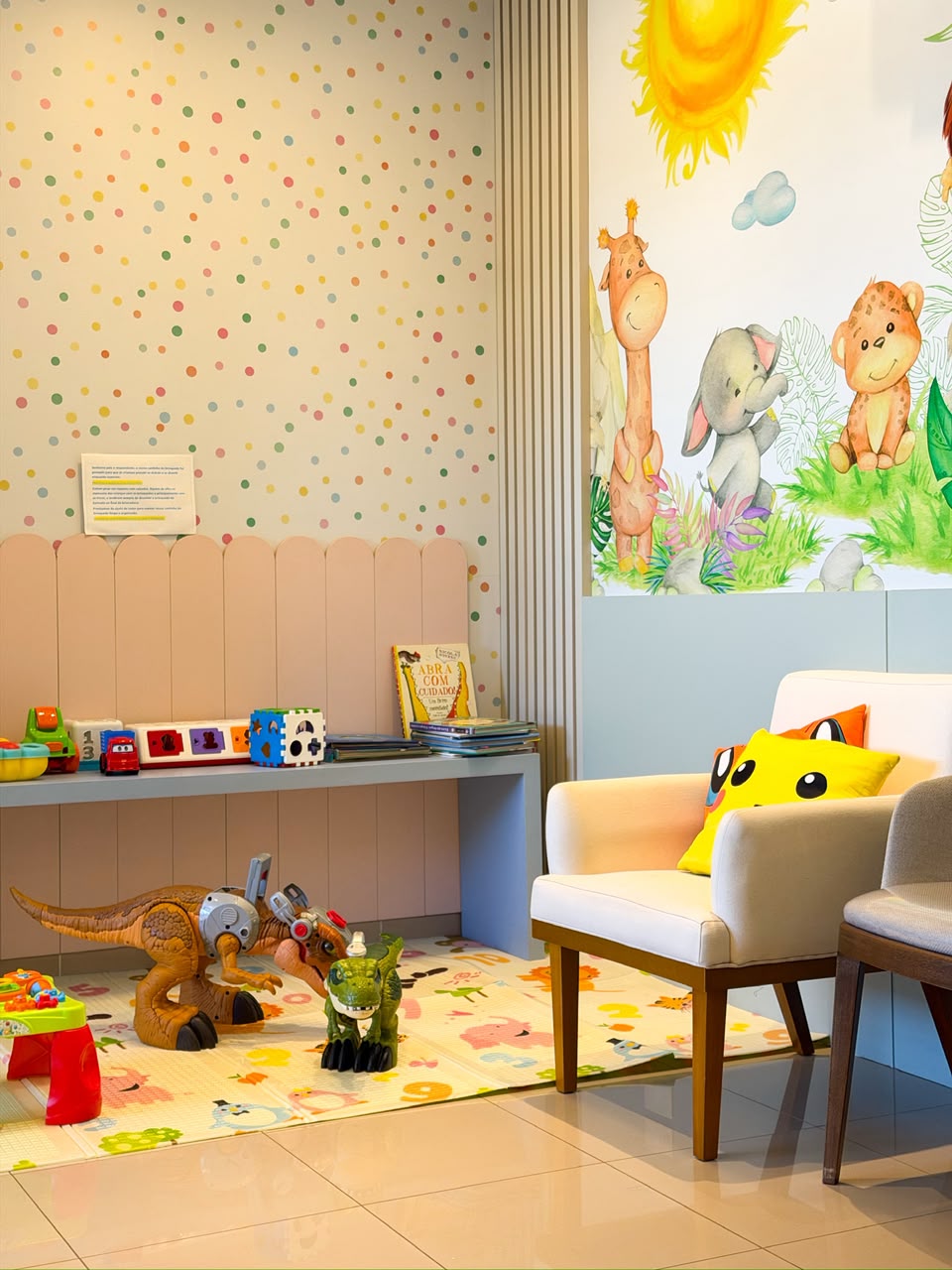 Consultório infantil acolhedor com brinquedos, decoração delicada e espaço para crianças em Campo Grande